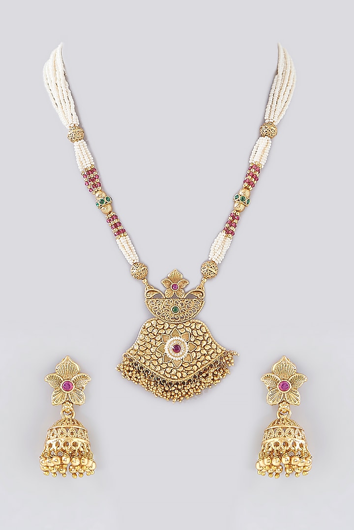 Gold Finish Kundan Polki & Pearl Long Temple Necklace Set by VASTRAA Jewellery at Pernia's Pop Up Shop
